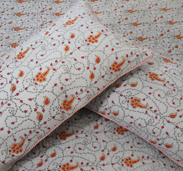 grey orange kantha printed reversible bedcover | pillow cover view