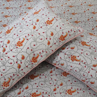 grey orange kantha printed reversible bedcover | pillow cover view