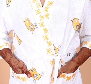 Sunny Birds Handblock Printed Kids Bathrobe - focus