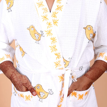 Sunny Birds Handblock Printed Kids Bathrobe - focus