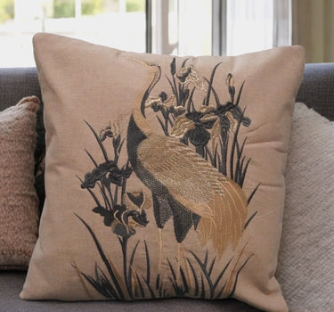 beige and blue embroidered 16 X 16 cushion cover| front view