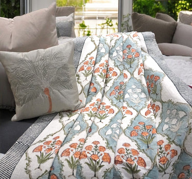 blue floral cotton sofa throw - front view