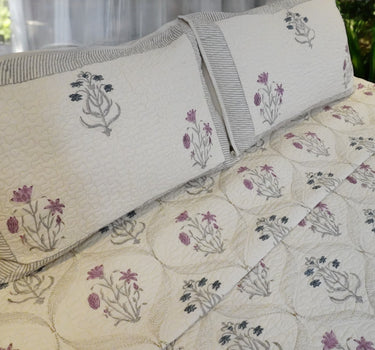 cream floral charm handblock quilted bedcover set - focus view