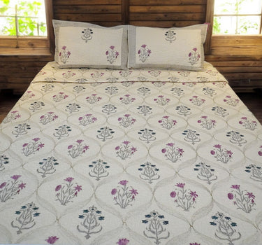 cream floral charm handblock quilted bedcover set - front view