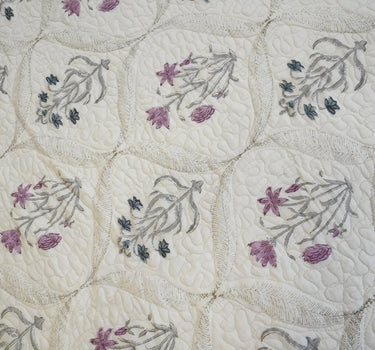 cream floral charm handblock quilted bedcover set - pattern view