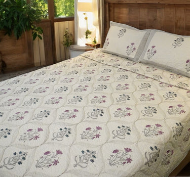 cream floral charm handblock quilted bedcover set - side view