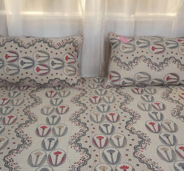 cream quilted kantha print reversible bedcover | focus view