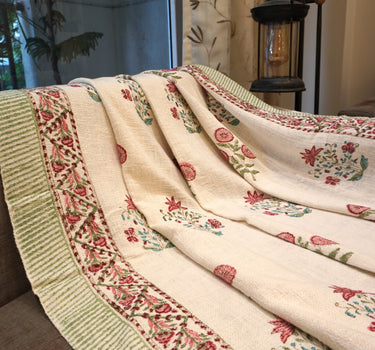 floral red hand block printed cotton throw side view