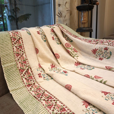 floral red hand block printed cotton throw side view