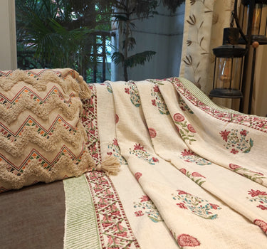 floral red hand block printed cotton throw with pillow