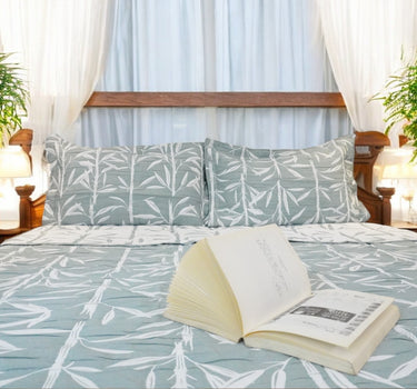 green & white reversible bedcover set | focus view