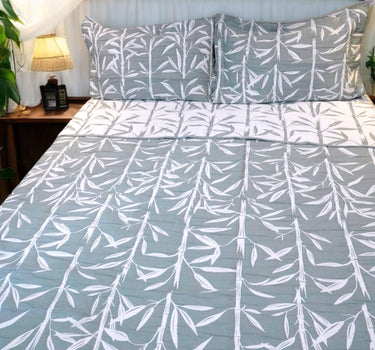 green & white reversible bedcover set | front view