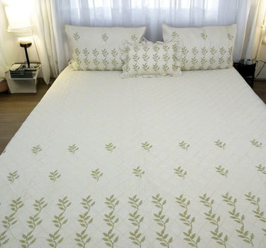 green leafy 4 piece embroidered bedcover set - front view