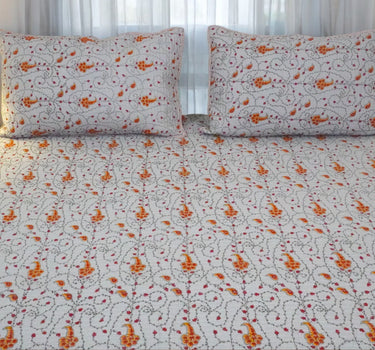 grey orange kantha printed reversible bedcover | focus view