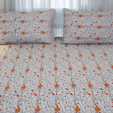 grey orange kantha printed reversible bedcover | focus view