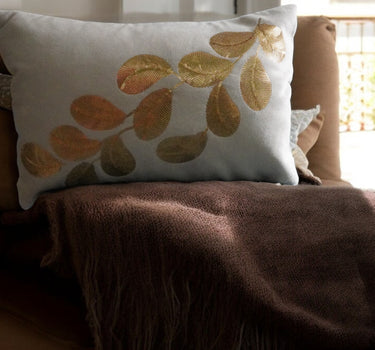 horizontal golden leaf sequin cushion cover - front view