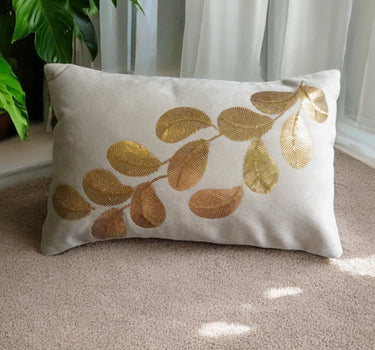 horizontal golden leaf sequin cushion cover - lay view