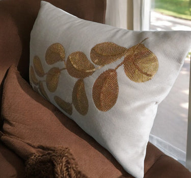 horizontal golden leaf sequin cushion cover - side view