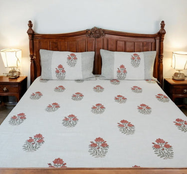 premium jute cotton bedsheet with hand blocked flowers - front view