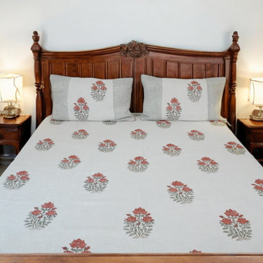 premium jute cotton bedsheet with hand blocked flowers - front view