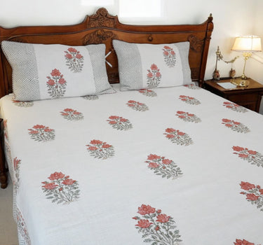 premium jute cotton bedsheet with hand blocked flowers - side view