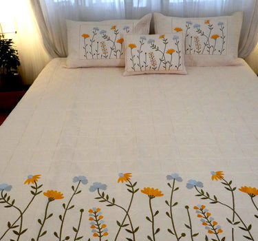 peach floral 4-piece embroidered king size bedcover set | front view