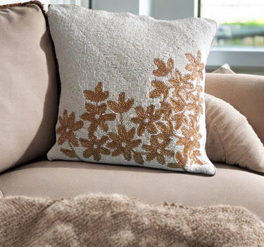 white and brown beaded pillow cover- front view