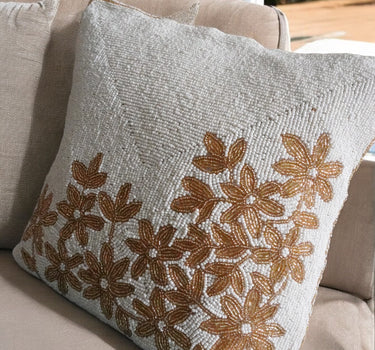 white and brown beaded pillow cover- side view