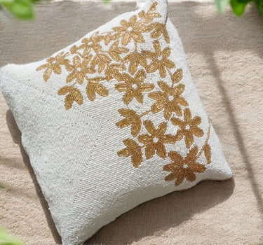 white and brown beaded pillow cover- upper view